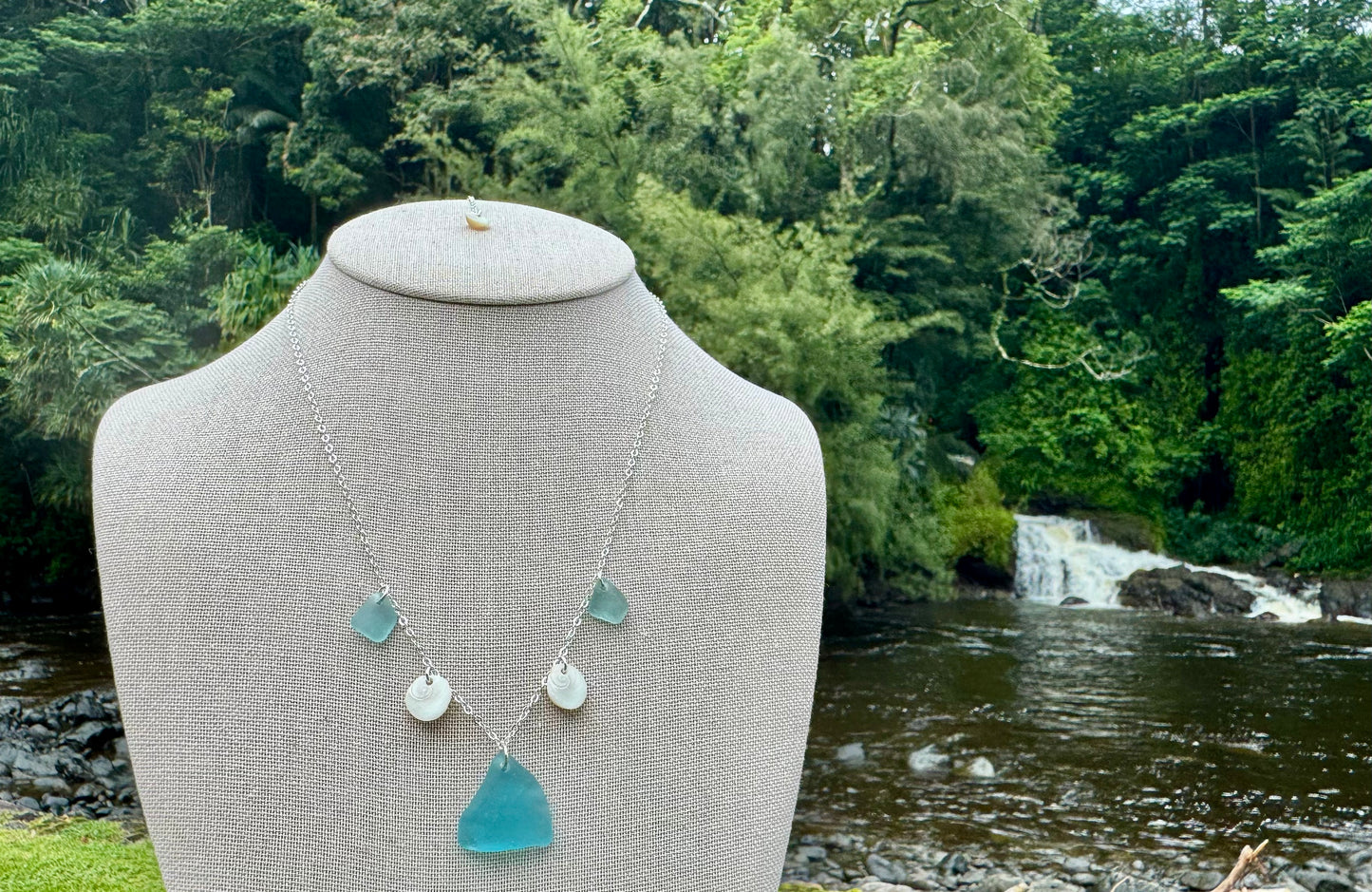 Aqua Sea Glass & Shell Necklace