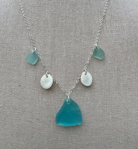 Aqua Sea Glass & Shell Necklace