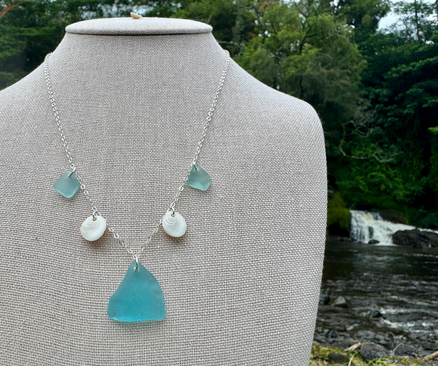 Aqua Sea Glass & Shell Necklace